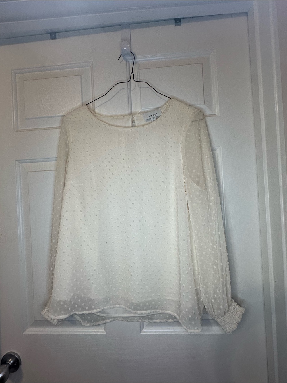 Nine West Cream Swiss Dot Sheer Long-Sleeve Blouse